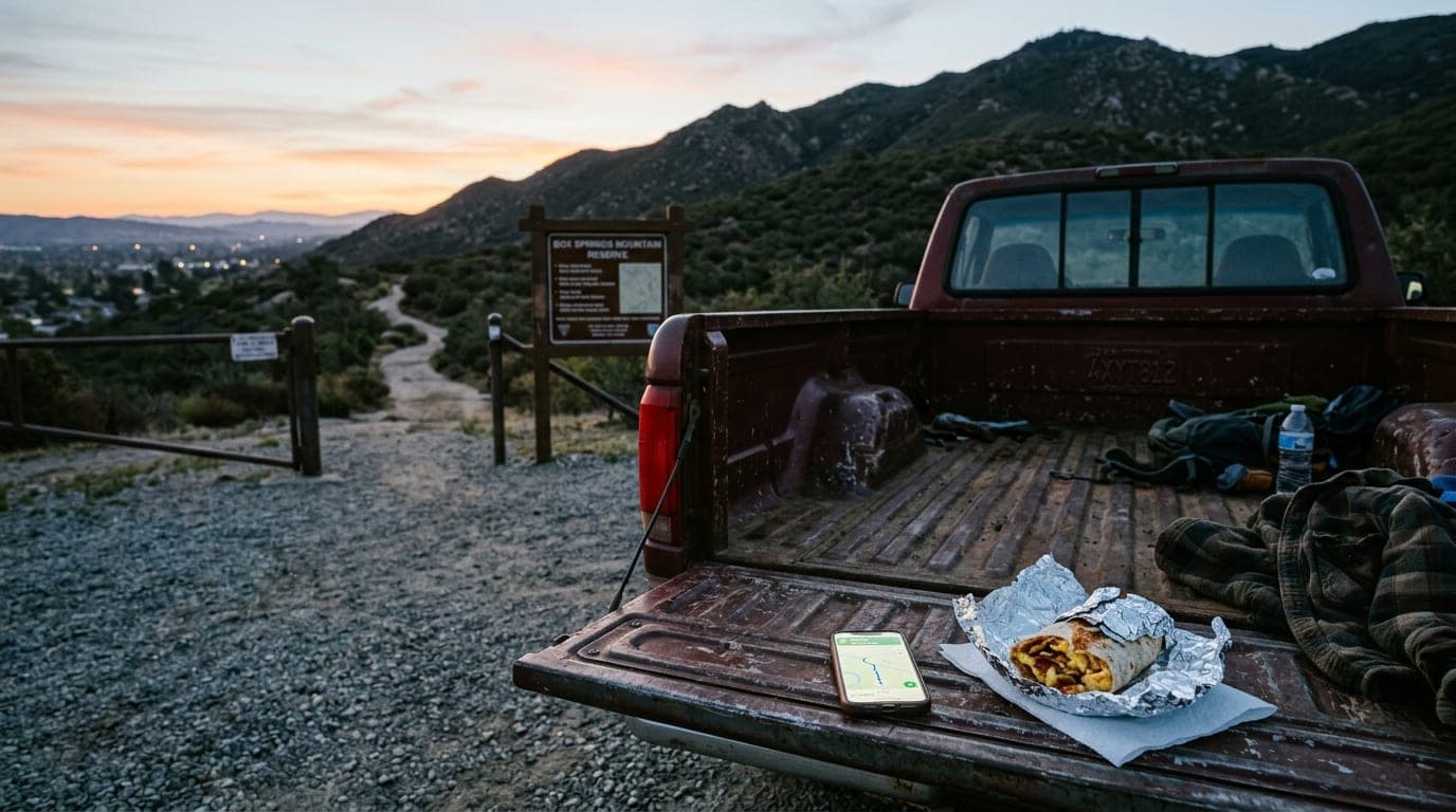 A wide establishing shot at dawn: a rusted pickup truck parked before a Box Springs Mountain trailhead. A glowing smartpho...