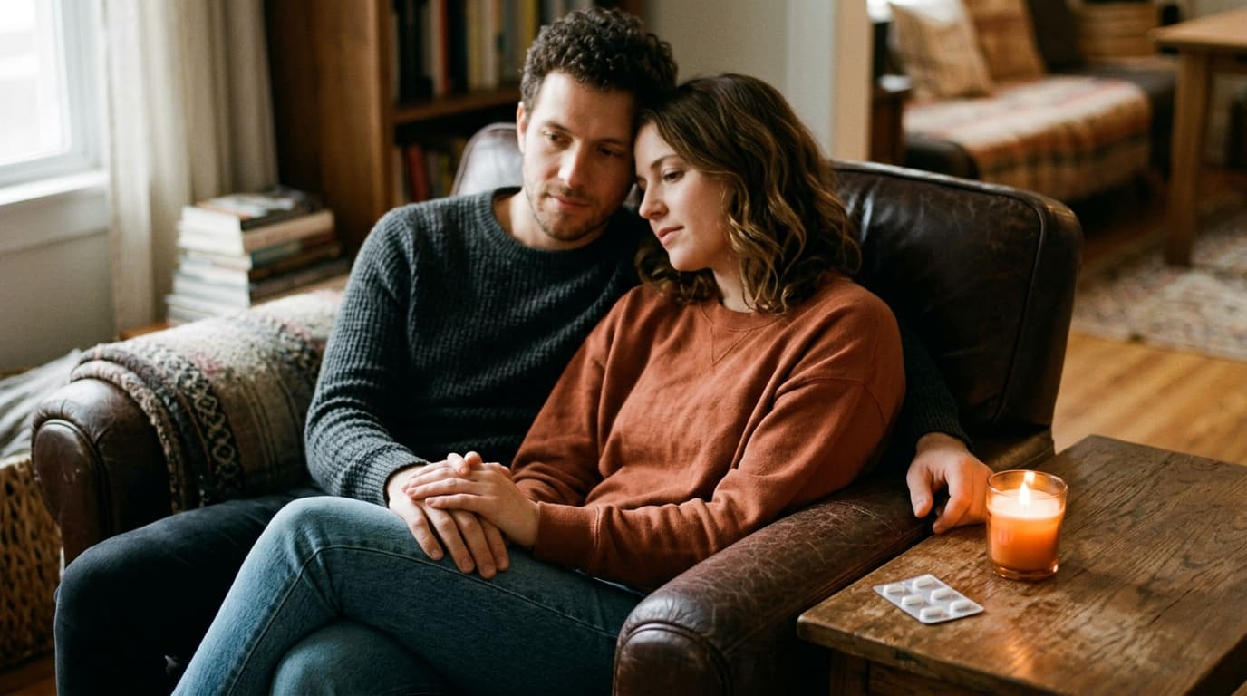 A man and a woman sit close on a leather armchair, hands gently touching. A small, clear pill blister pack rests on a wood...