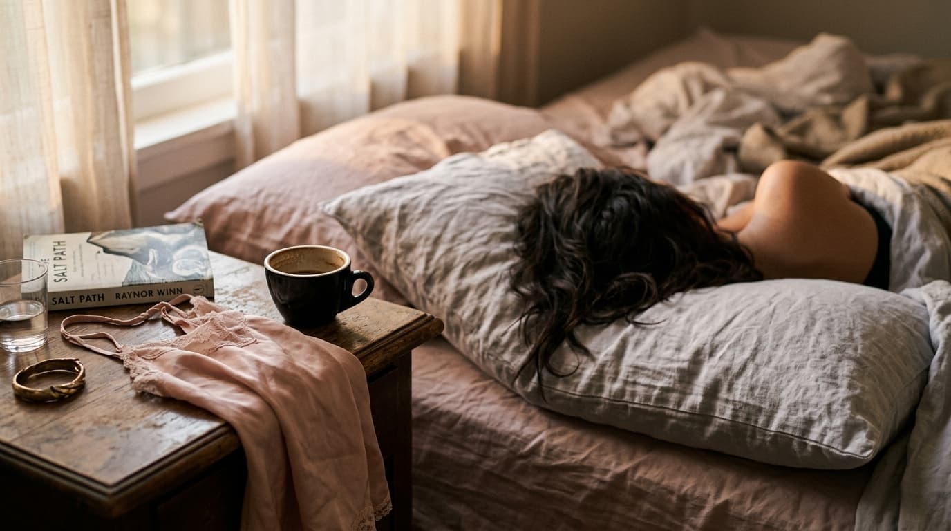 A messy nightstand holds a cooling espresso cup and a disheveled silk camisole draped over the edge, bathed in soft golden...