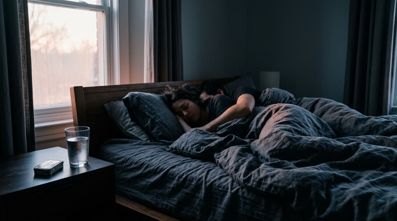 A glass of water sits on a dark bedside table beside a small metal tin of mints. Blue hour light hits rumpled charcoal she...