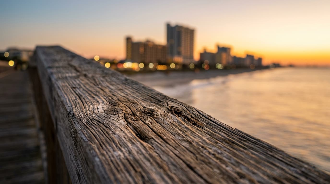 An 85mm macro shot of a weathered, sun-bleached wooden boardwalk railing at Market Common during golden hour, the distant,...