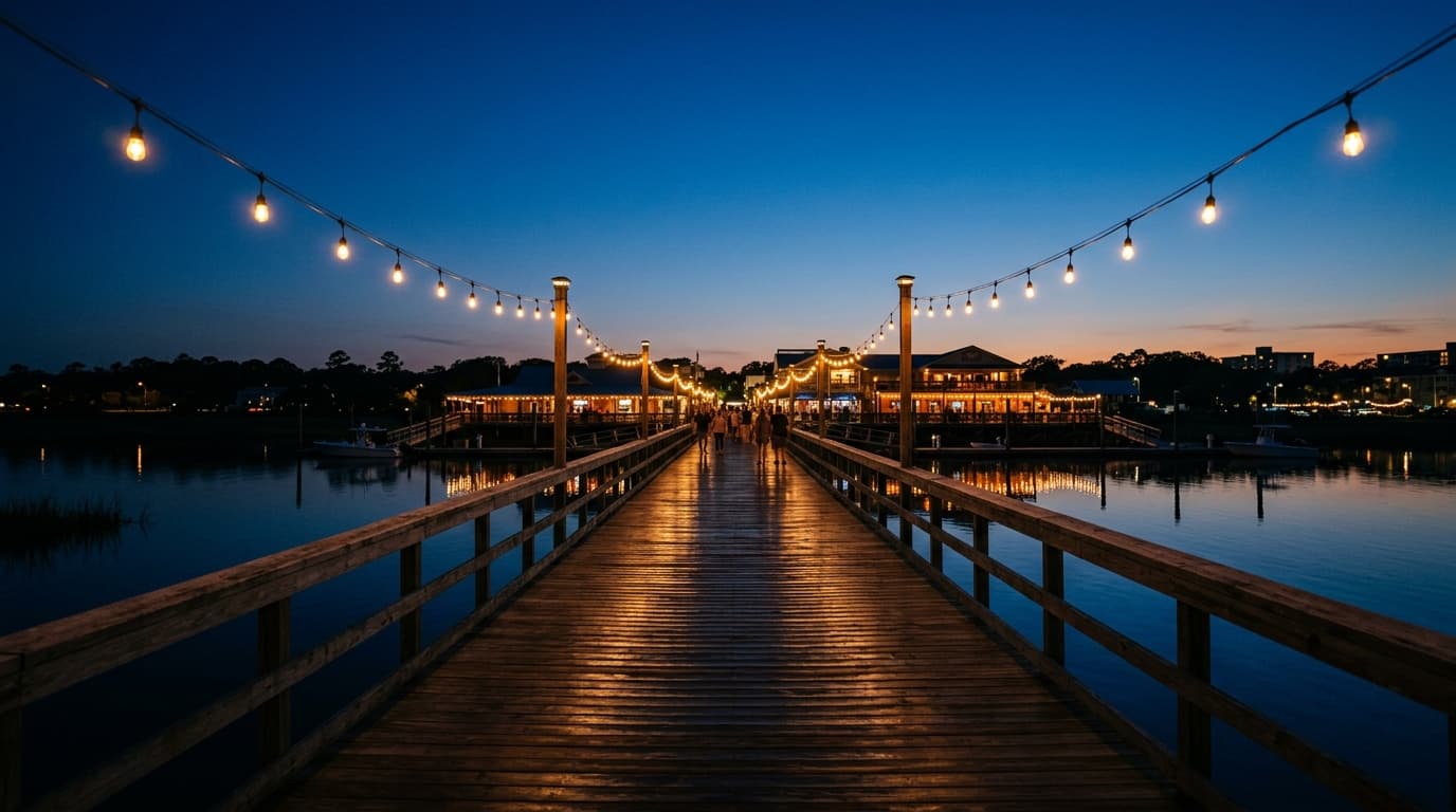 A 24mm wide-angle, centered symmetric shot of the Murrells Inlet MarshWalk pier at blue hour, framing the glowing restaura...