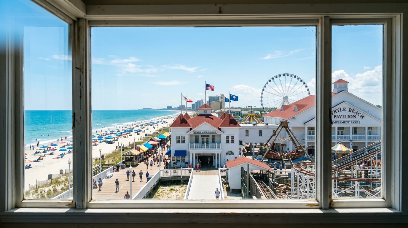 A 24mm wide-angle shot centered symmetrically on the sun-drenched Myrtle Beach Pavilion area at high noon, capturing the i...