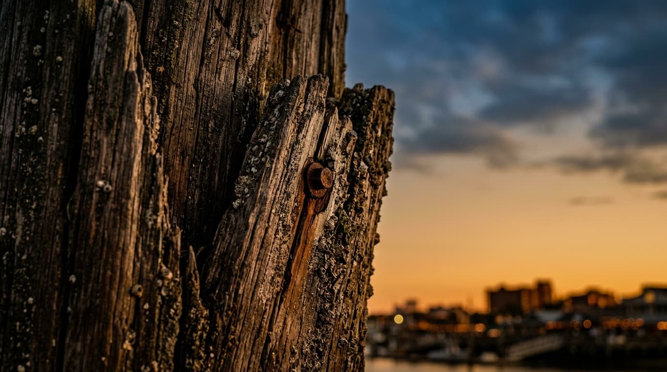 Extreme macro of a weathered wooden piling at the Murrells Inlet MarshWalk during golden hour, with the blurred, warm ambe...