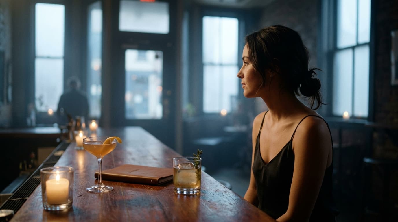 A medium shot of an unlit cocktail menu and two craft drinks resting on a mahogany bar top. A local woman in a silk camiso...