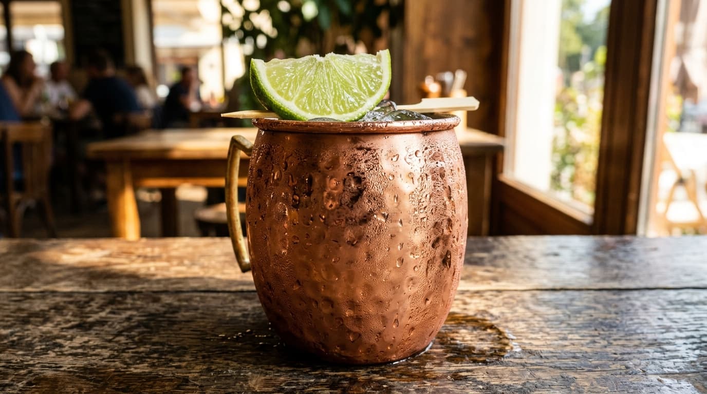 A close-up 100mm macro shot captures a chilled copper mule mug sweating condensation on a rustic wooden table. A single li...