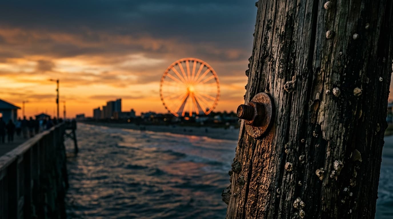 Extreme macro, 35mm documentary shot of a weathered wooden piling at the 2nd Avenue Pier during golden hour, with the blur...