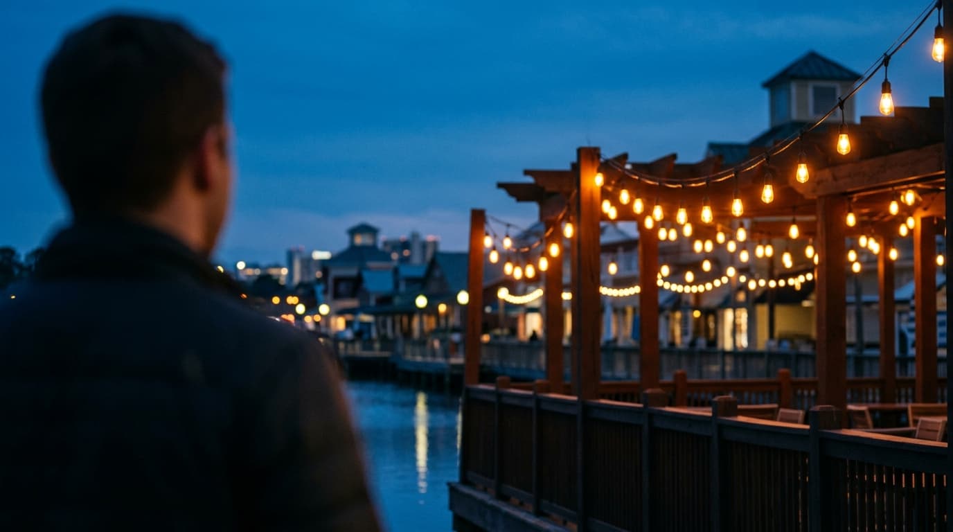 An 85mm perspective focuses on the warm, amber glow of the Crooked Hammock Brewery’s string lights against a deep blue dus...