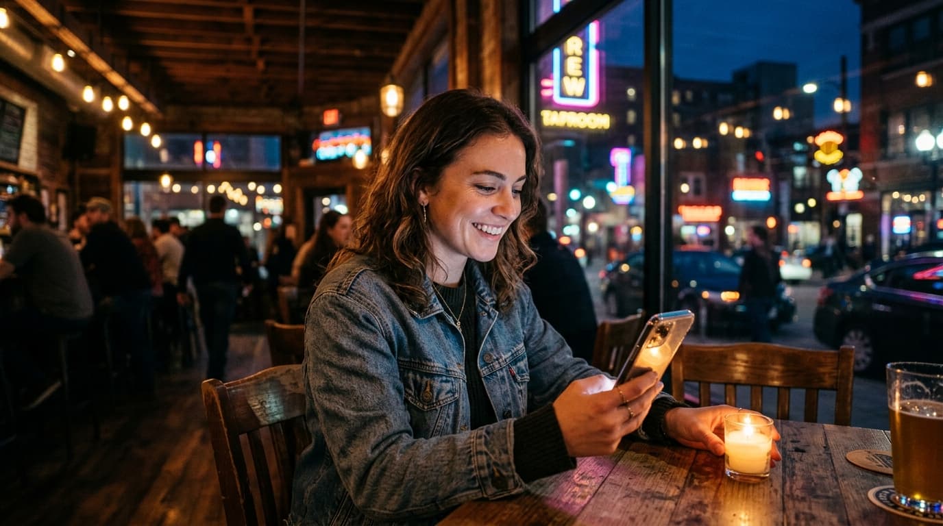 A medium shot, candle-lit interior of a local brewery. A woman in a casual denim jacket smiles at her phone, selective foc...