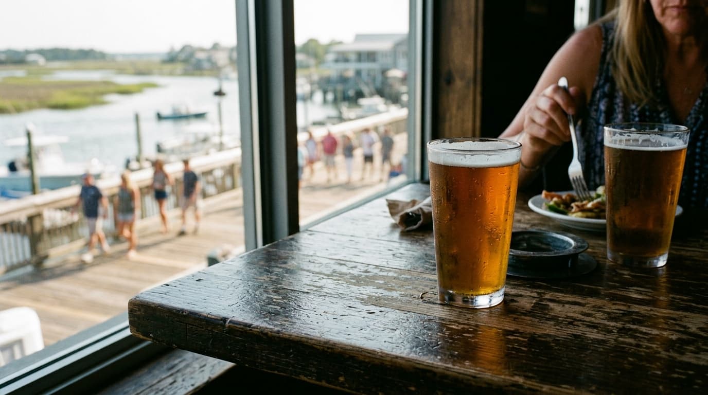 A 35mm documentary close-up, noon natural light through a window, showing two cold craft beers on a weathered wooden table...
