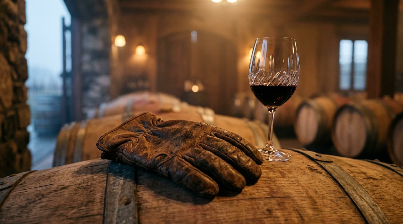 100mm macro shot of a weathered leather glove resting on a vintage oak wine barrel, beside a half-filled crystal glass, ca...
