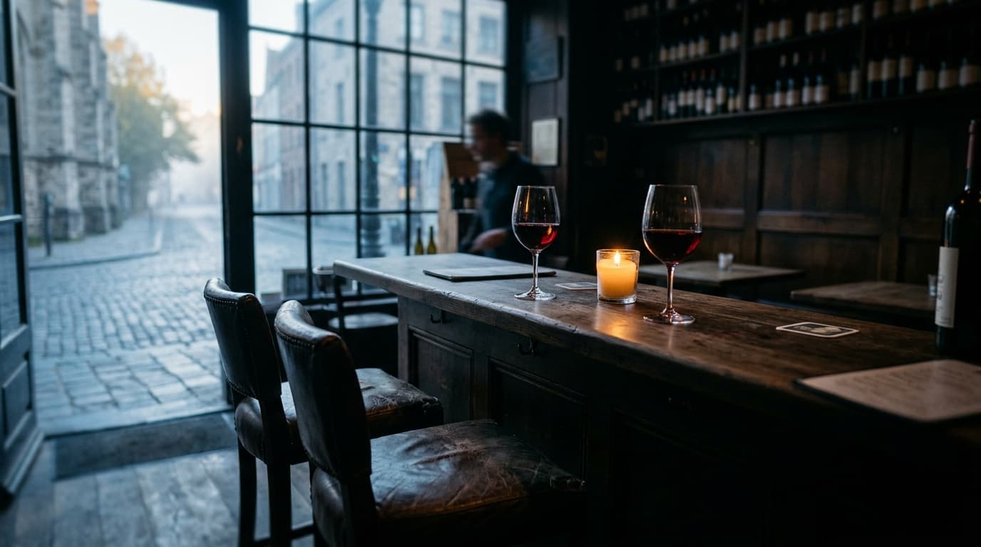 Medium shot, tilt-shift focus on two leather bar stools at a dim, rustic wine bar. A dimly lit candle illuminates two half...