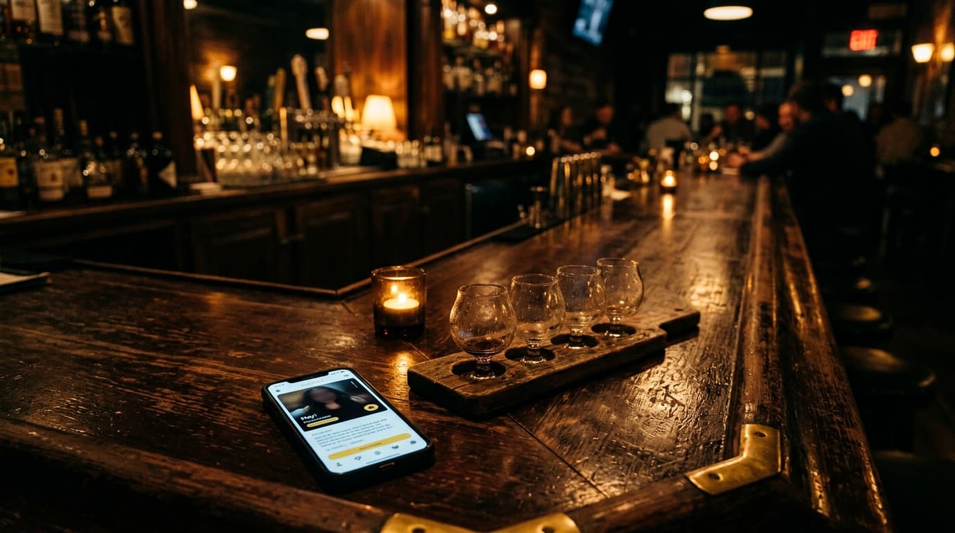 A low-angle hero shot of a dimly lit Oxbow bar counter at midnight. A single smartphone with the Bumble app open sits besi...