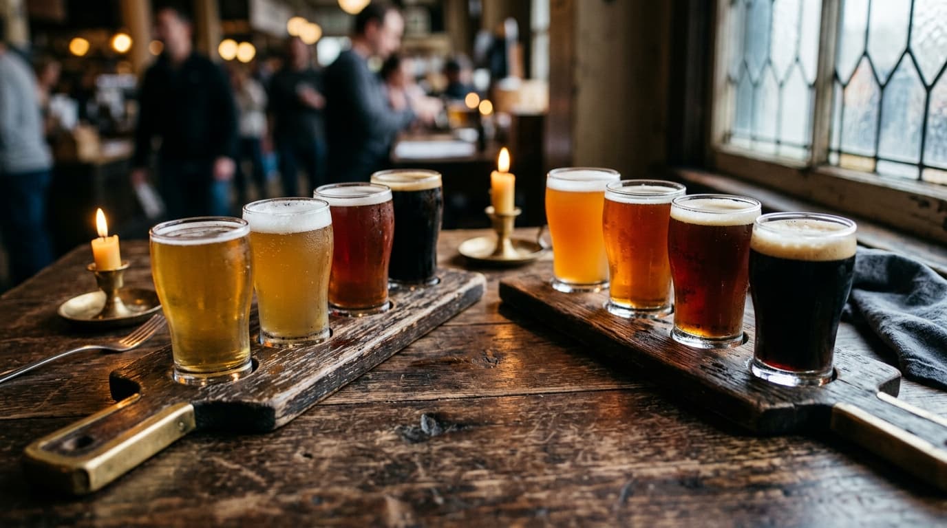 A tight, overhead 100mm macro shot captures two craft beer flight paddles on a rustic wooden table at a public market. Sun...