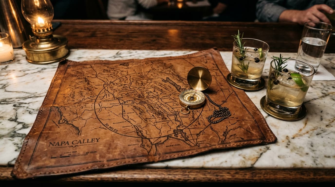 Overhead flat-lay, 100mm macro shot of a weathered leather map of Napa County on a marble bar. A compass rests on the 30-m...