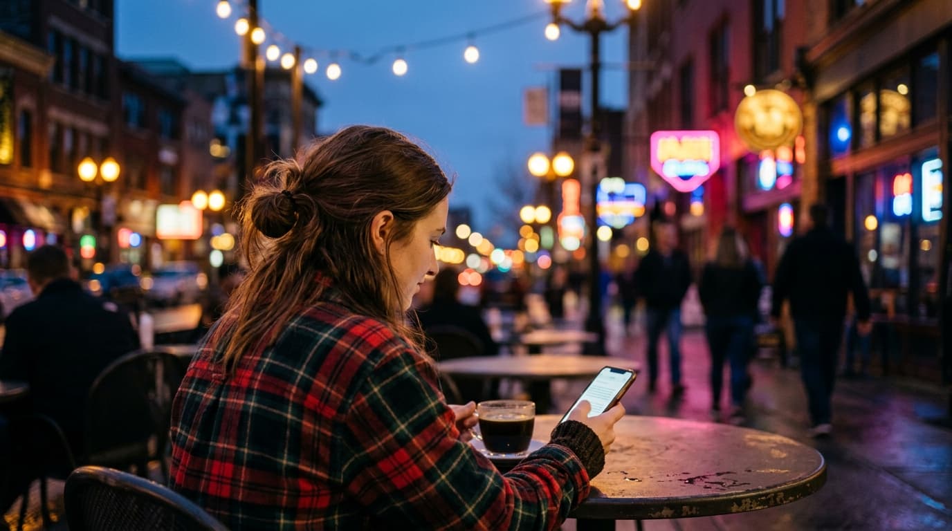 A woman in a casual flannel shirt sits at an outdoor Oxbow table during blue hour. She holds a coffee cup, looking at her...