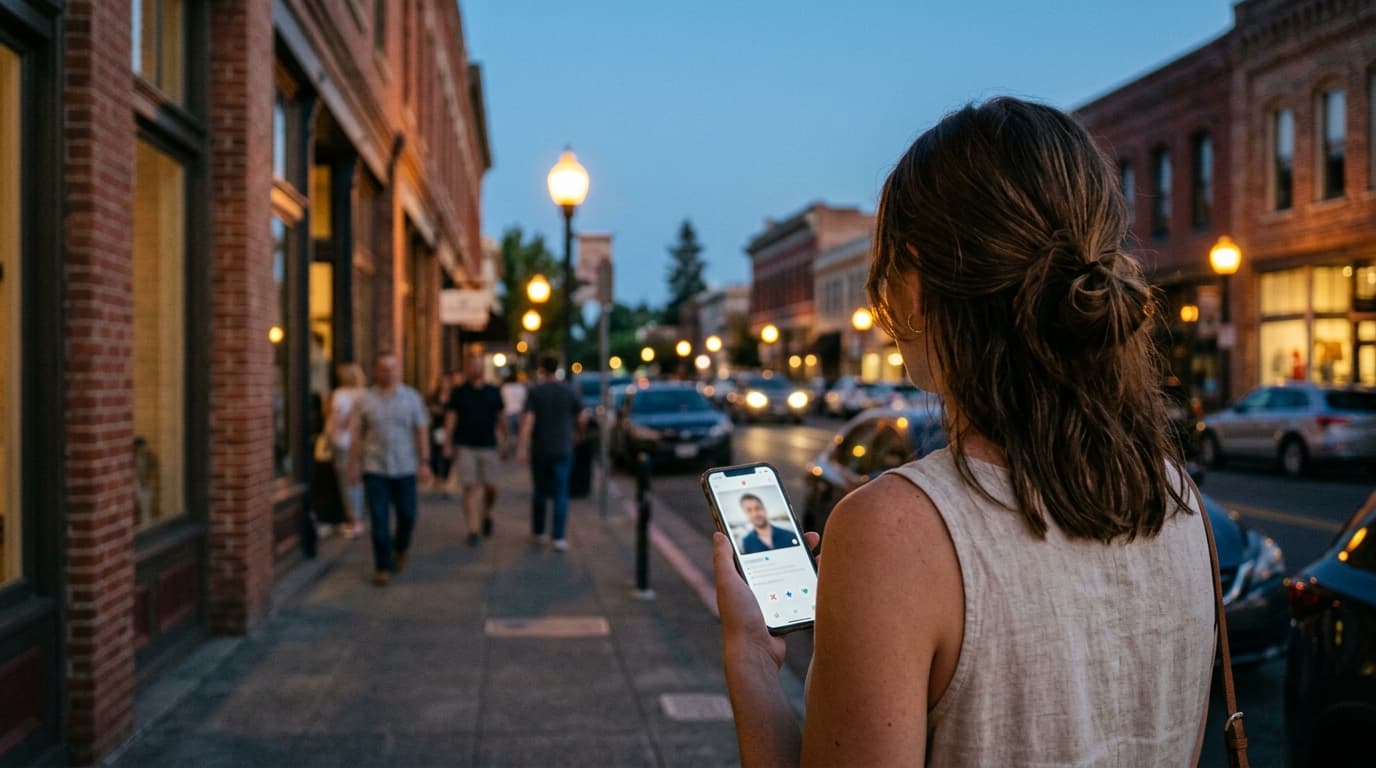 An over-the-shoulder 35mm shot at blue hour shows a woman in a linen sundress holding a smartphone displaying a Tinder pro...