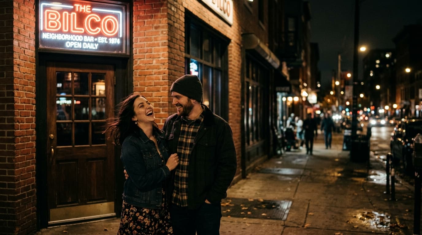 A couple stands laughing outside the neon-lit brick entrance of The Bilco at midnight. Shot at 85mm, the background blurs...