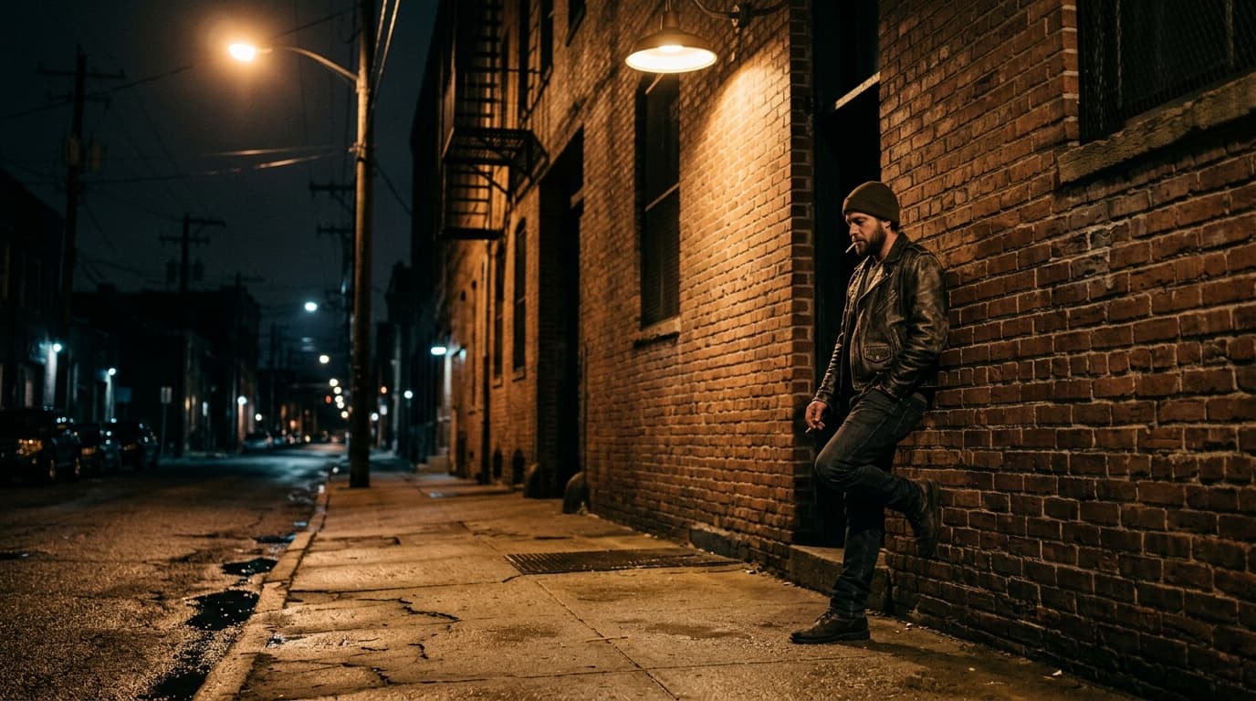 Low-angle shot, 35mm documentary style. A lone man in a leather jacket leans against a Germantown brick warehouse wall, il...