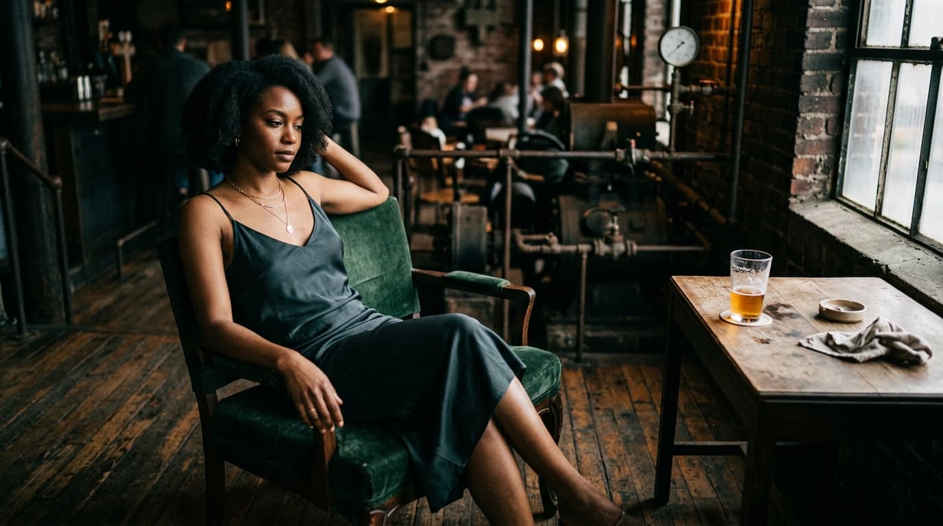 An 85mm portrait captures a woman in a silk slip dress sitting on a velvet chair inside a dim, moody Edgehill boiler room...