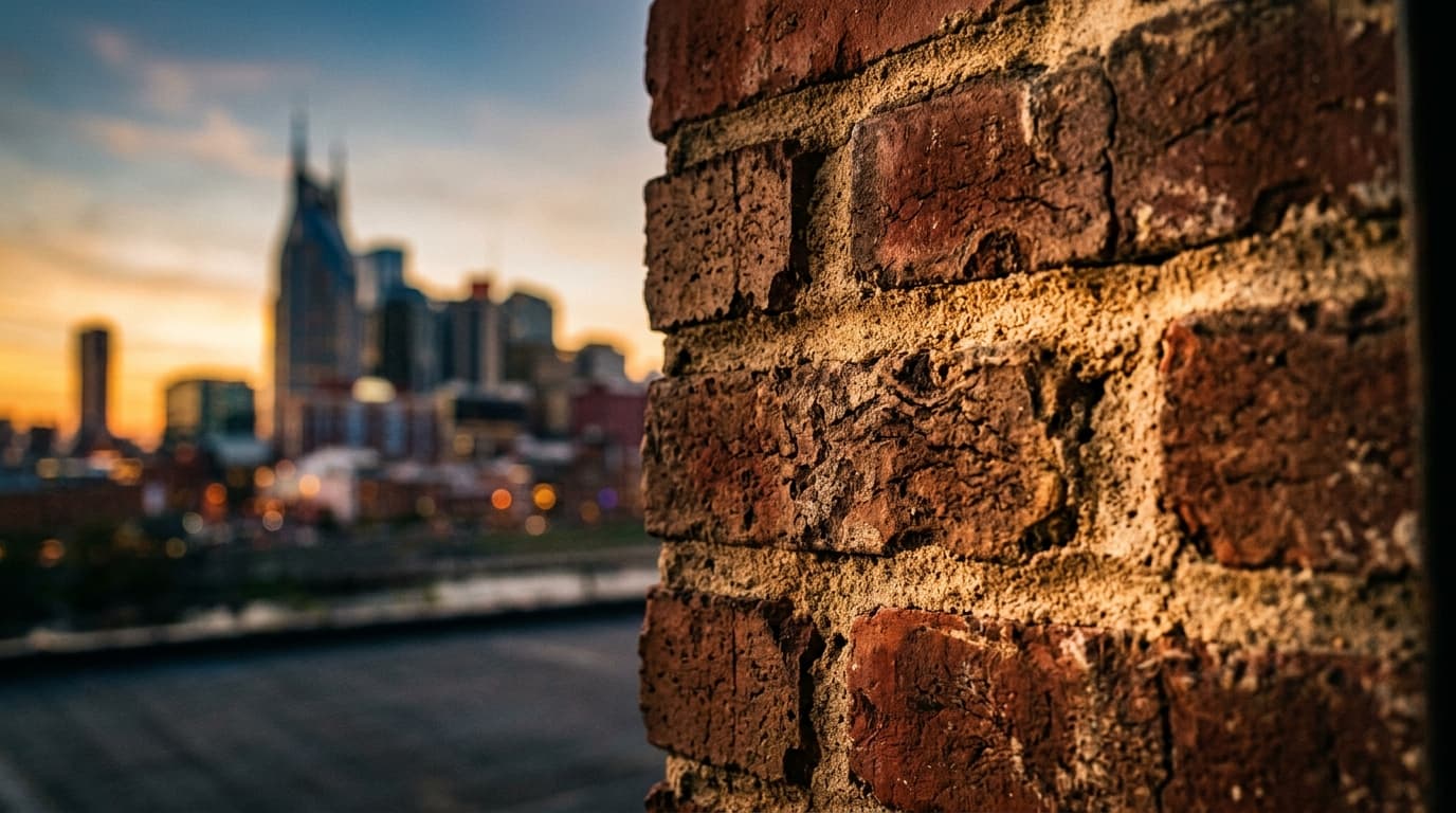 Extreme close-up macro of textured, weathered brickwork on a converted Wedgewood-Houston warehouse. Warm, golden hour sunl...