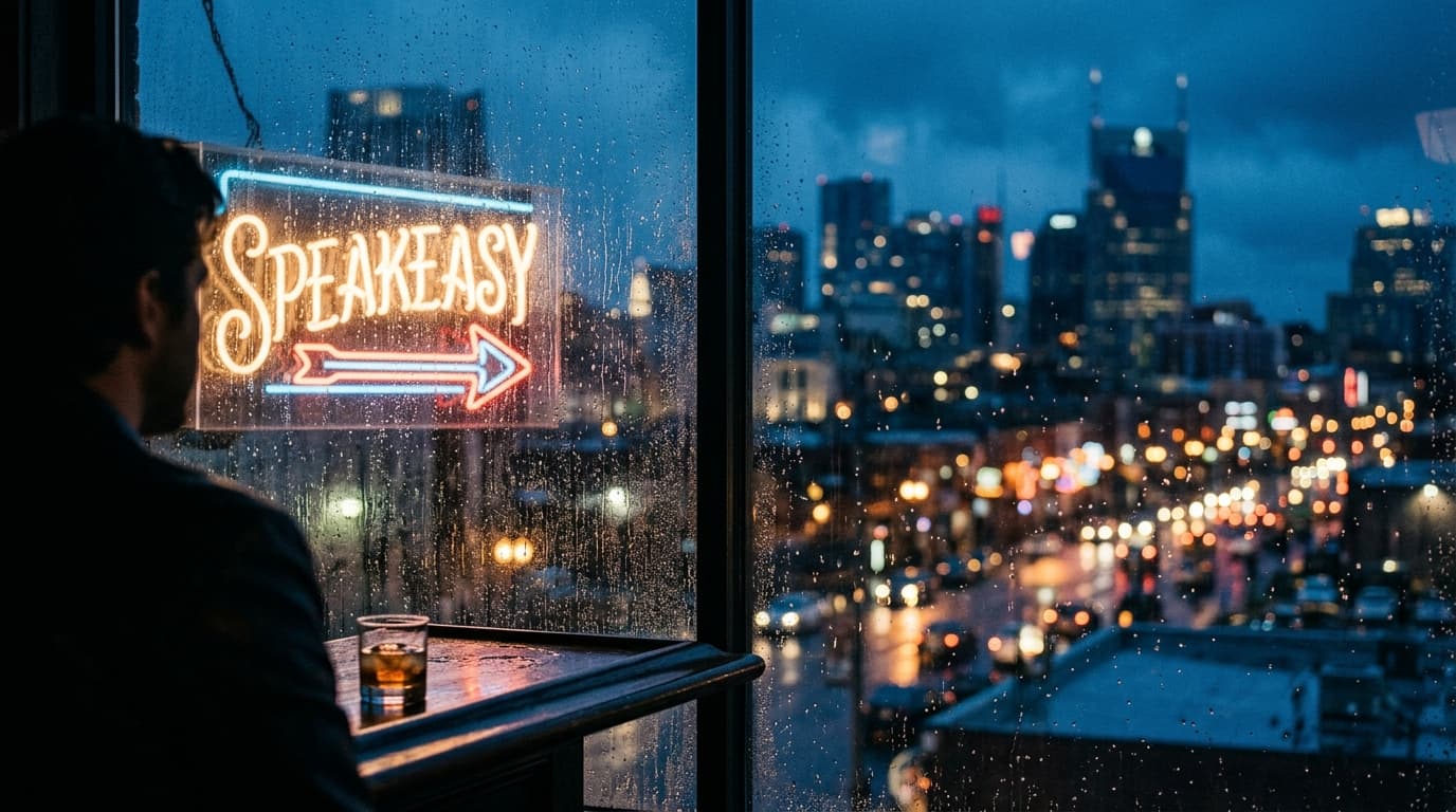 The neon sign of an East Nashville speakeasy glows softly through a rain-slicked window at blue hour. The shallow depth of...