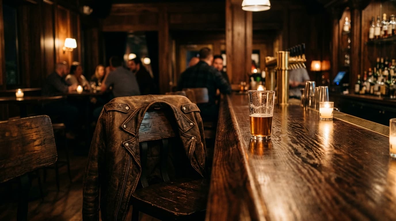 A low-angle view from a polished dark wood bar top in a quiet Nashville venue. A vintage leather jacket lies over a stool,...