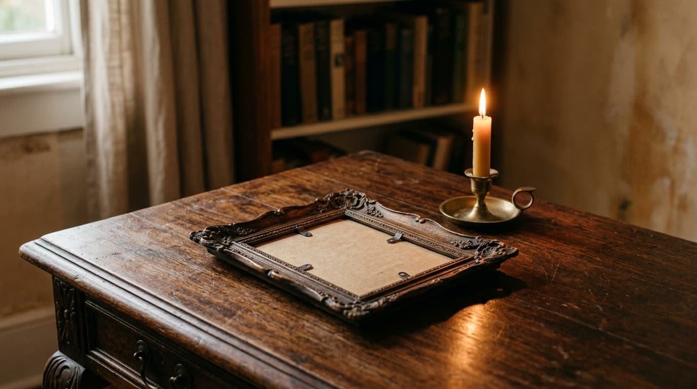 A single ornate, antique picture frame lies facedown on a mahogany side table. A soft, warm candle flame nearby casts long...