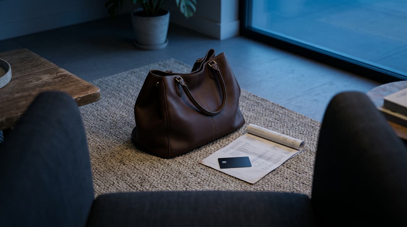 A high-end designer handbag sits discarded on a minimalist rug beside a singular, unrolled bank statement. A discarded pre...