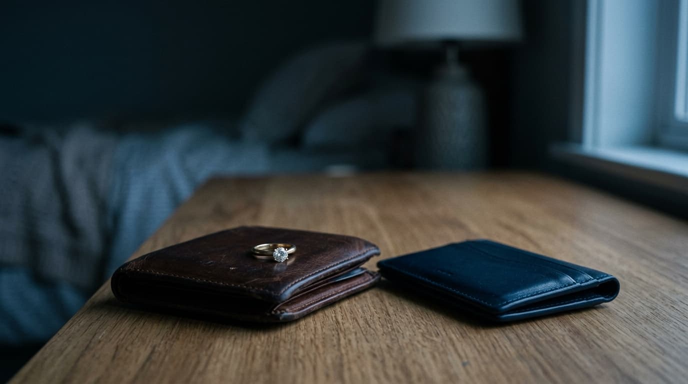 A low-angle shot of a minimalist wooden desk featuring two contrasting leather wallets placed side-by-side. A single gold...