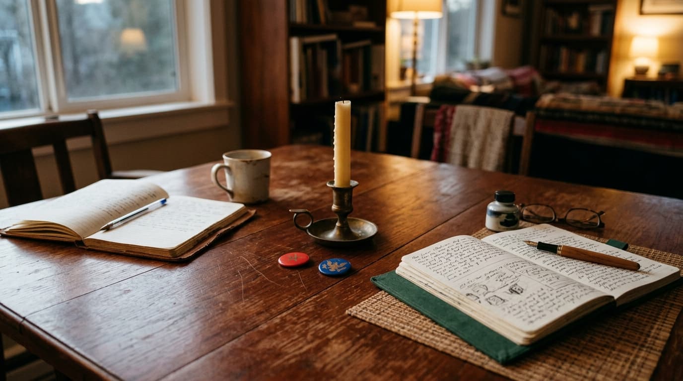 A mahogany dining table features two distinct sets of open journals and pens placed on opposite ends. Between them, a sing...