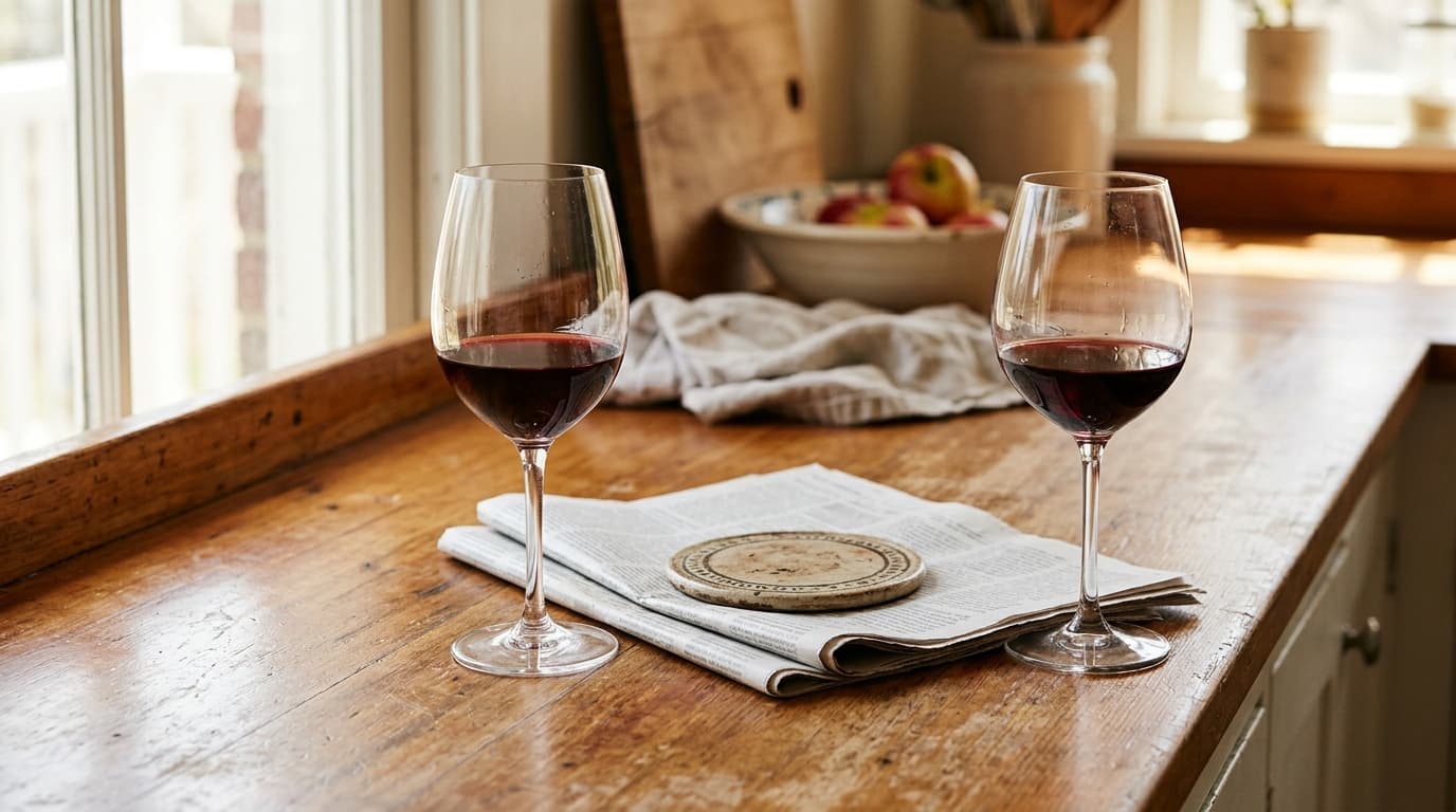 A sunlit kitchen counter displays two distinct, half-filled wine glasses side-by-side. Between them, a stack of two differ...