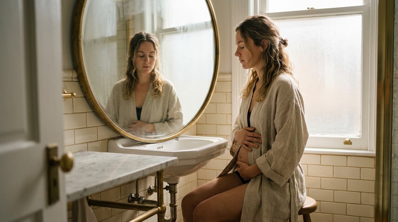 A woman in a linen robe sits before a mirror, hand pressed against her belly as she practices deep breathing. Sunlight hig...
