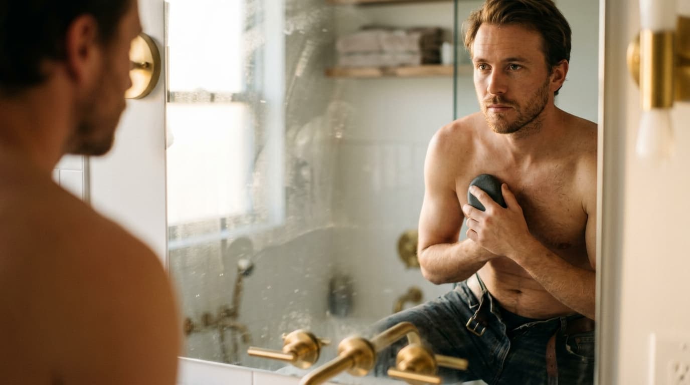 A man in unbuttoned denim jeans stands before a bathroom mirror. He holds a smooth, dark massage stone against his chest,...