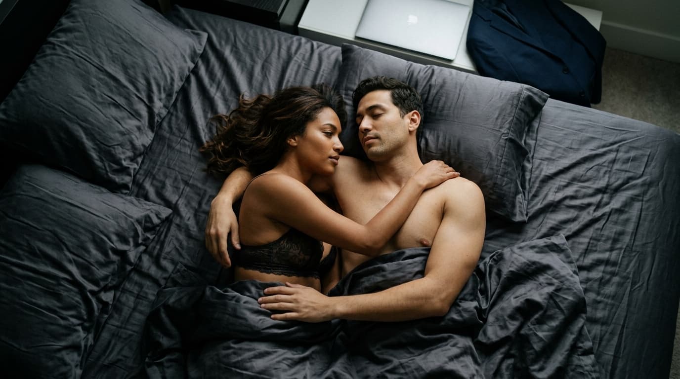 Overhead flat-lay, 24mm wide-angle: A diverse couple lies on tangled charcoal silk sheets. A laptop sits closed near a dis...