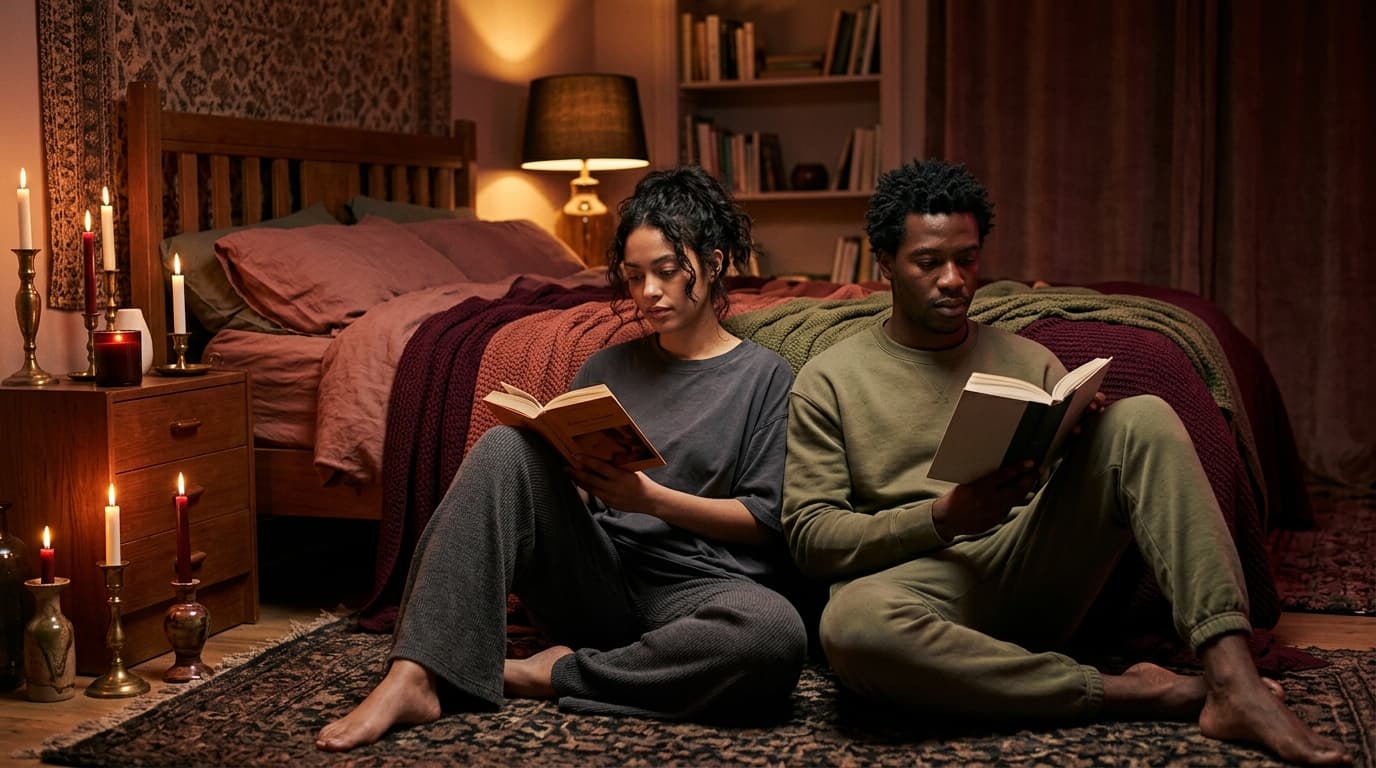 A warm, tungsten-lit bedroom at night. A diverse couple sits on the floor, backs against the bed, fully dressed in loose c...