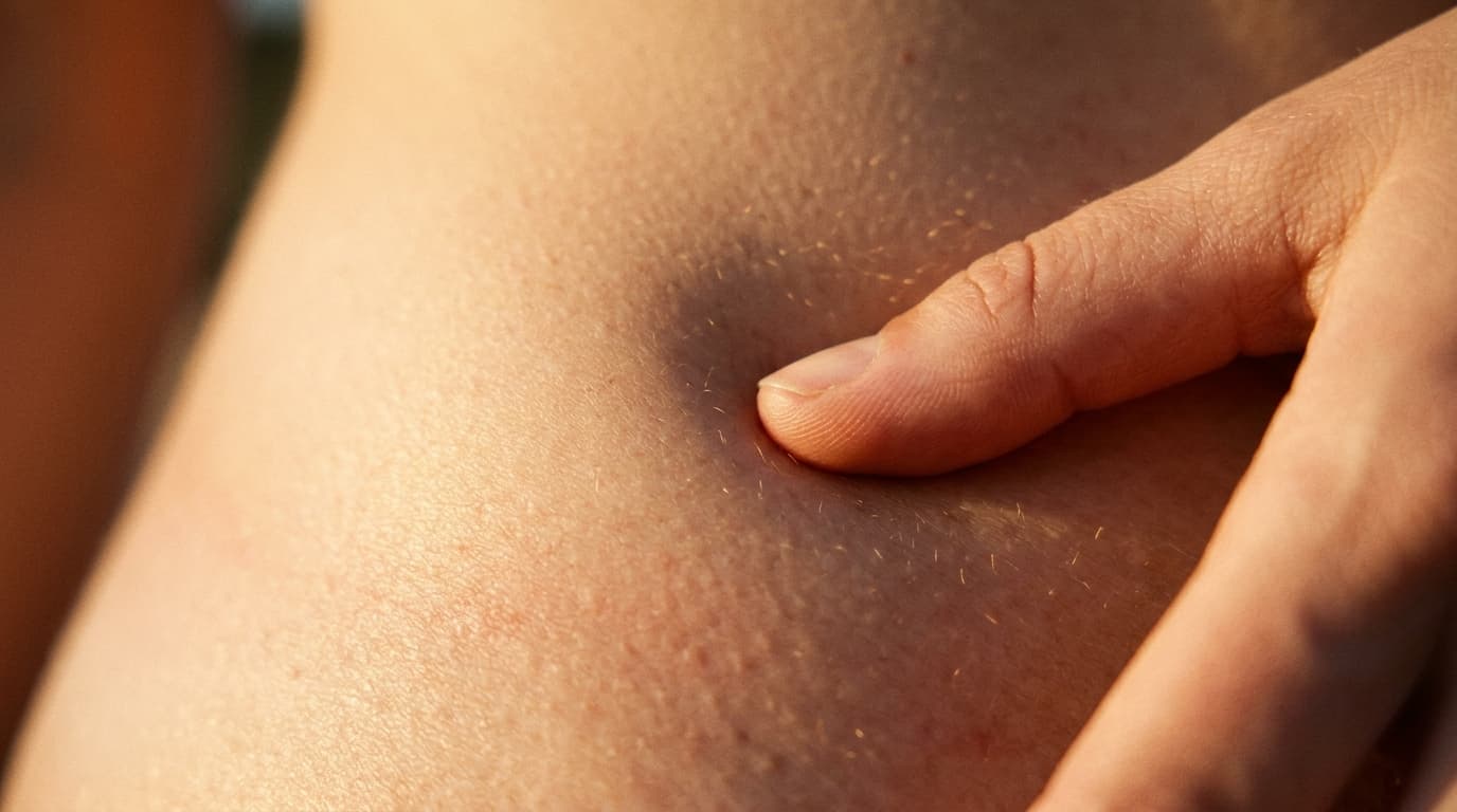 Extreme macro of a fingertip pressing into soft, dimpled skin at the hip, emphasizing natural texture and warmth. Golden h...