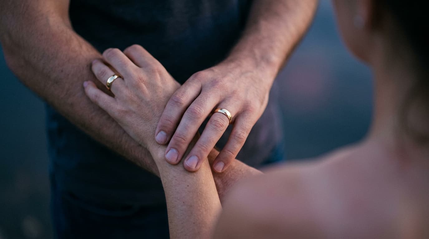 A man’s hand rests gently on a woman’s wrist, fingertips tracing her pulse point. Their gold wedding bands catch the deep...