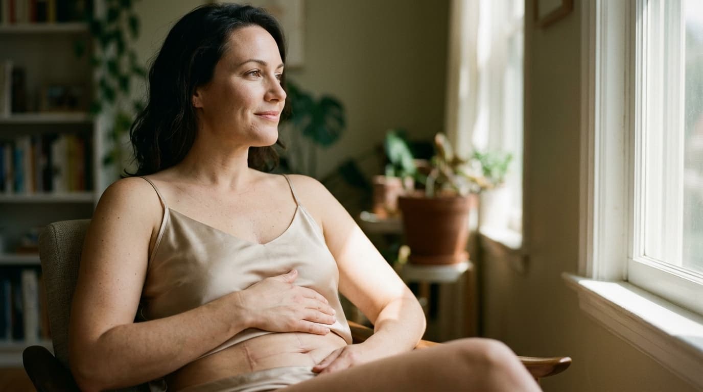 A woman sits near a window, sunlight tracing her torso. She wears a silk camisole, her hand resting gently on a faint surg...
