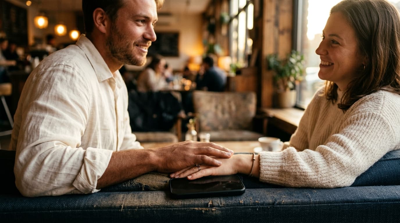 A man in a linen shirt and a woman in a soft knit sweater sit on a couch, gently touching hands over a discarded smartphon...