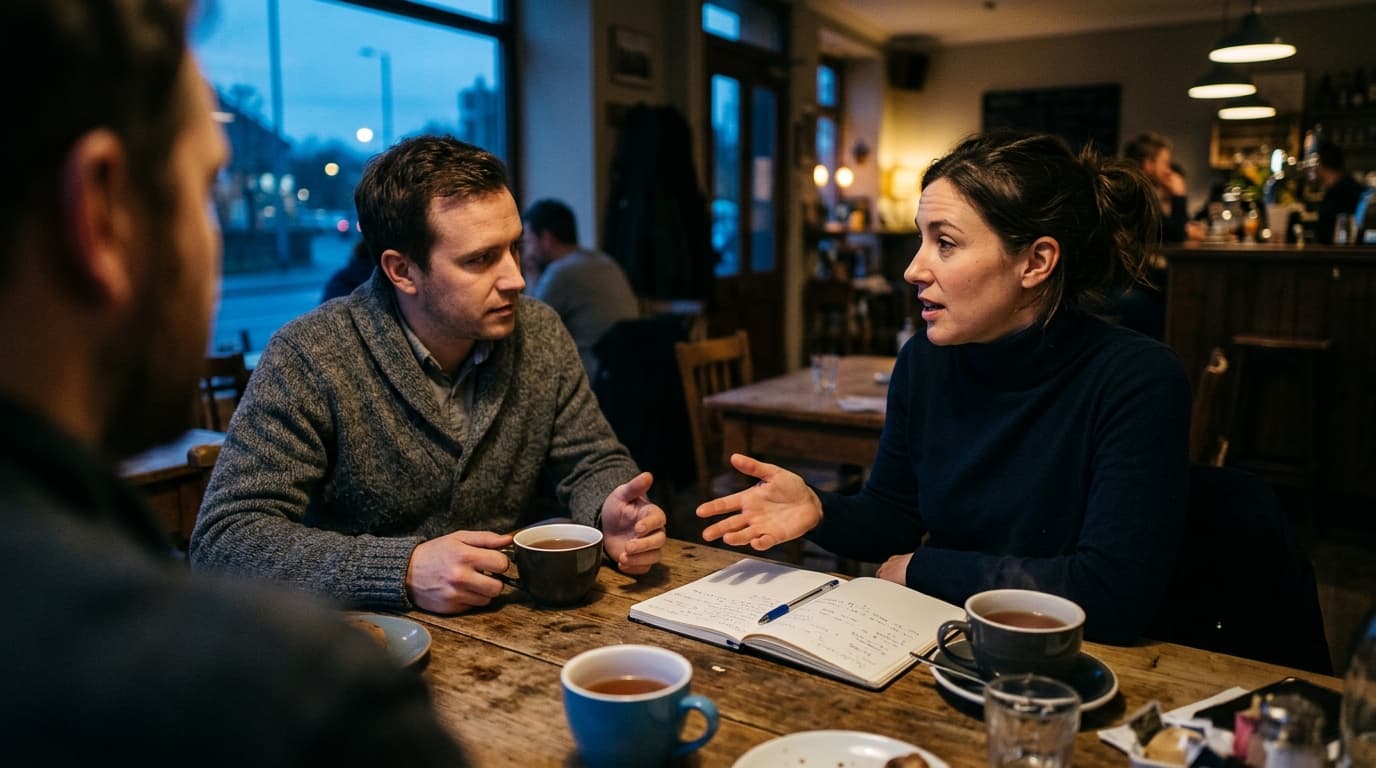 A woman in a navy turtleneck and a man in a grey wool cardigan sit at a cluttered kitchen table, gesturing toward a notepa...