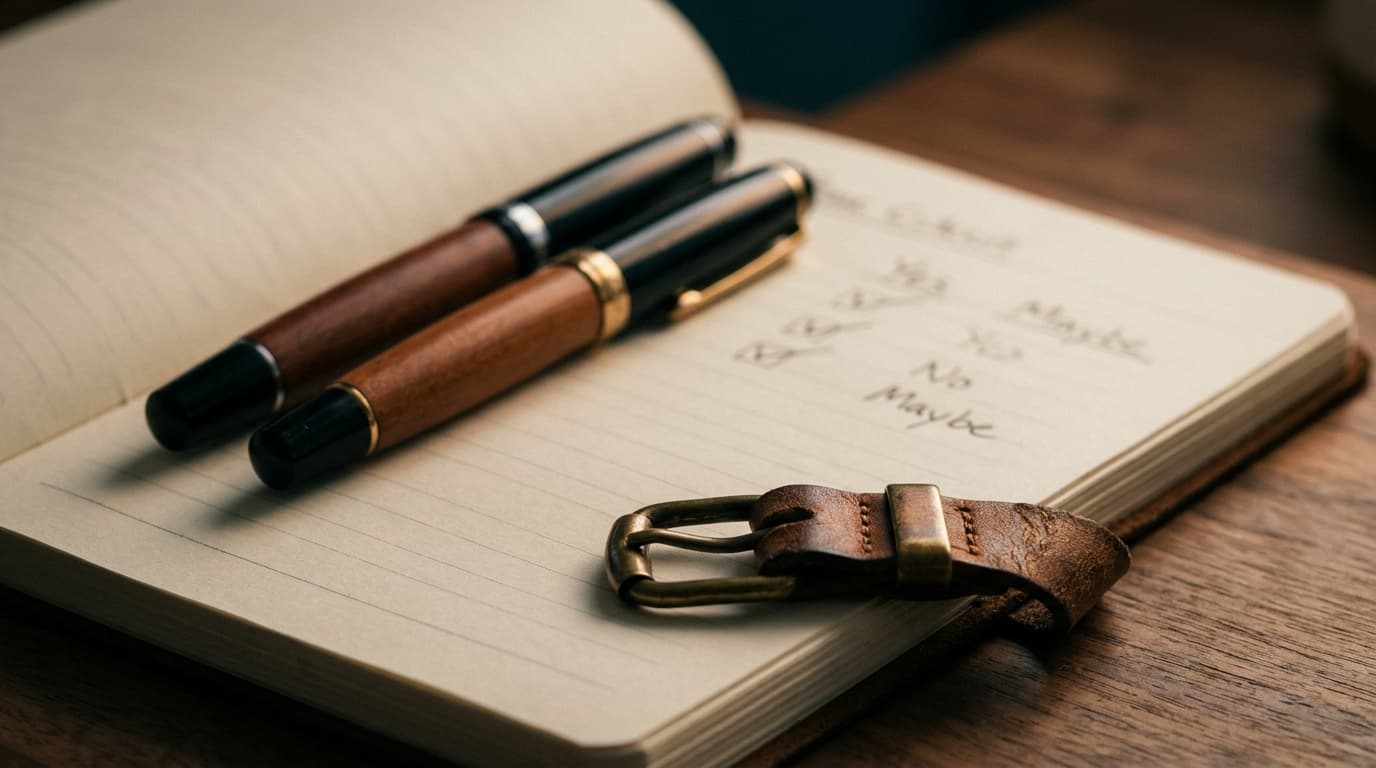 Two side-by-side fountain pens rest on a textured notebook page featuring a neatly handwritten Yes-No-Maybe checklist. A s...