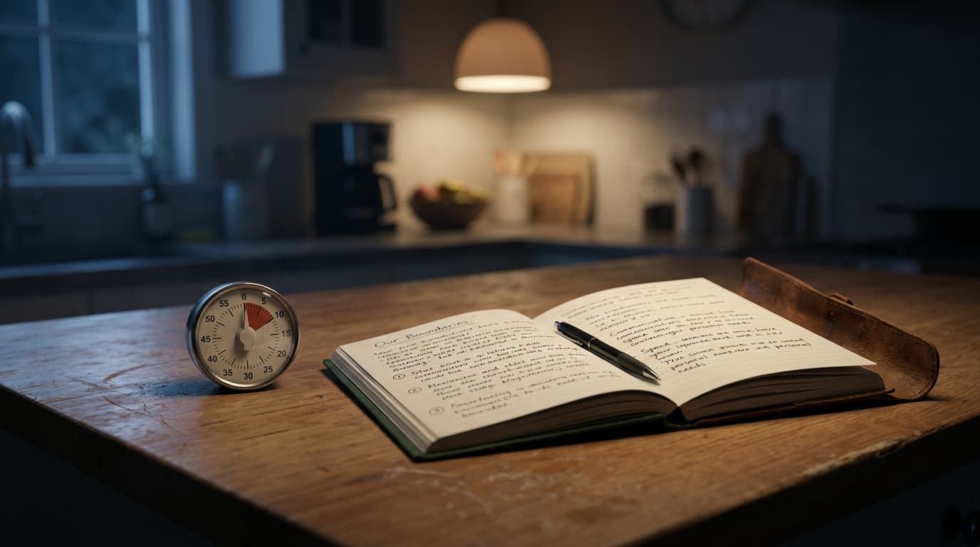 A low-angle shot of a kitchen island at midnight. A kitchen timer set to ten minutes rests next to two open journals, thei...