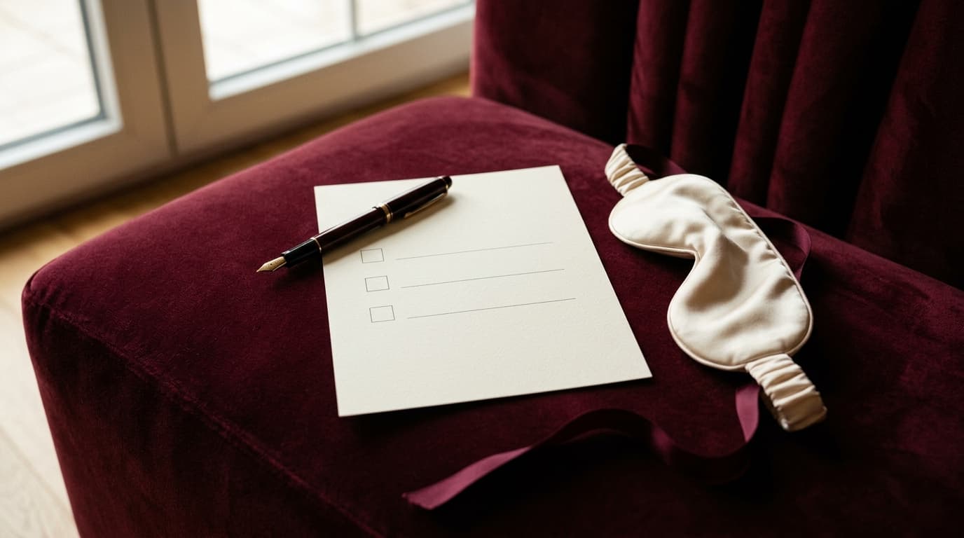 A fountain pen rests atop a crisp, printed "Yes/No/Maybe" checklist on a velvet ottoman. Beside it, a single silken blindf...