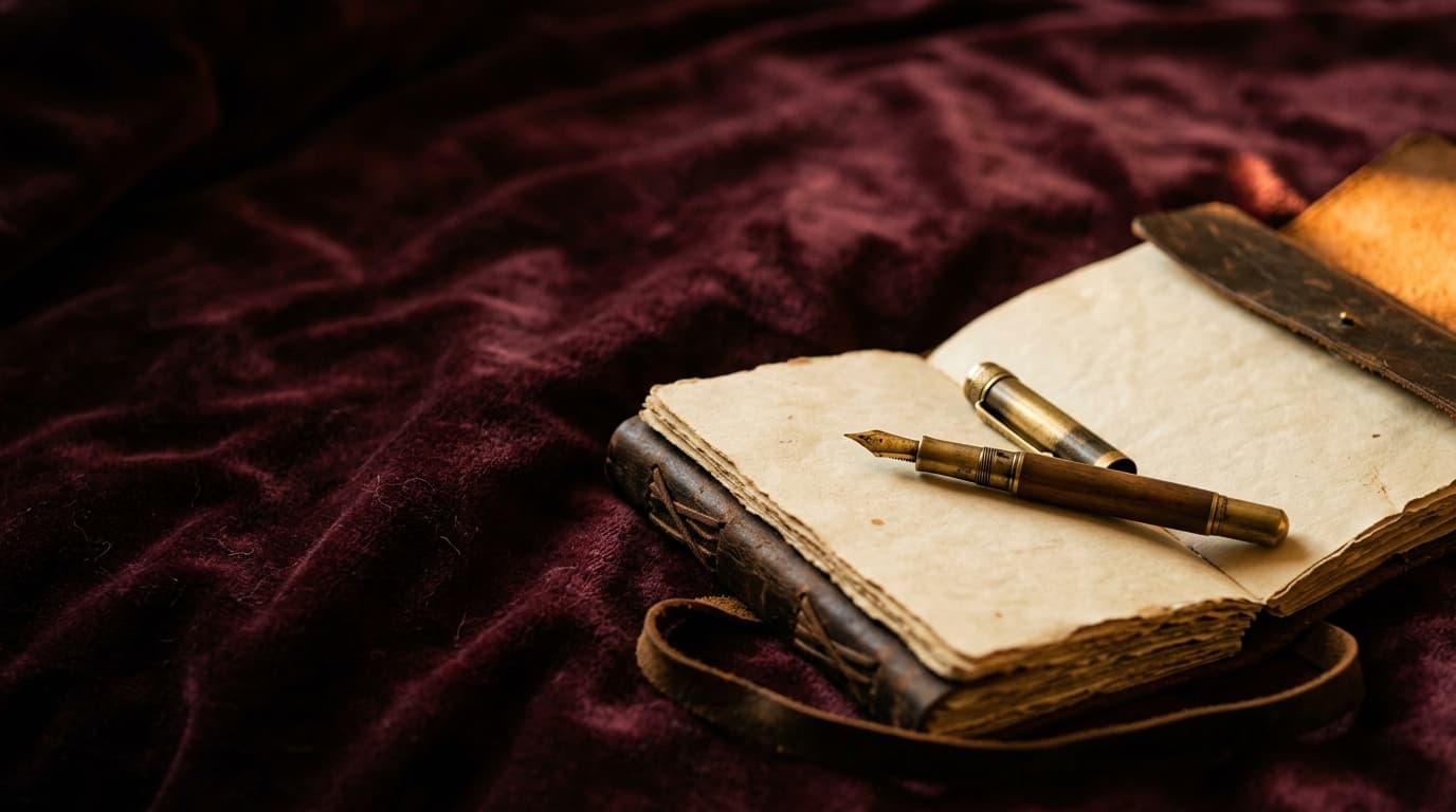 A vintage leather-bound journal lies open on a plush velvet duvet, an antique fountain pen resting across a blank page. La...