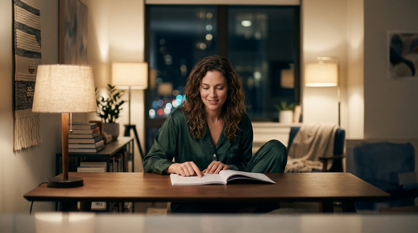 A woman in a silk loungewear set sits centered at a minimalist desk. Warm tungsten lamps illuminate her calm face as she r...