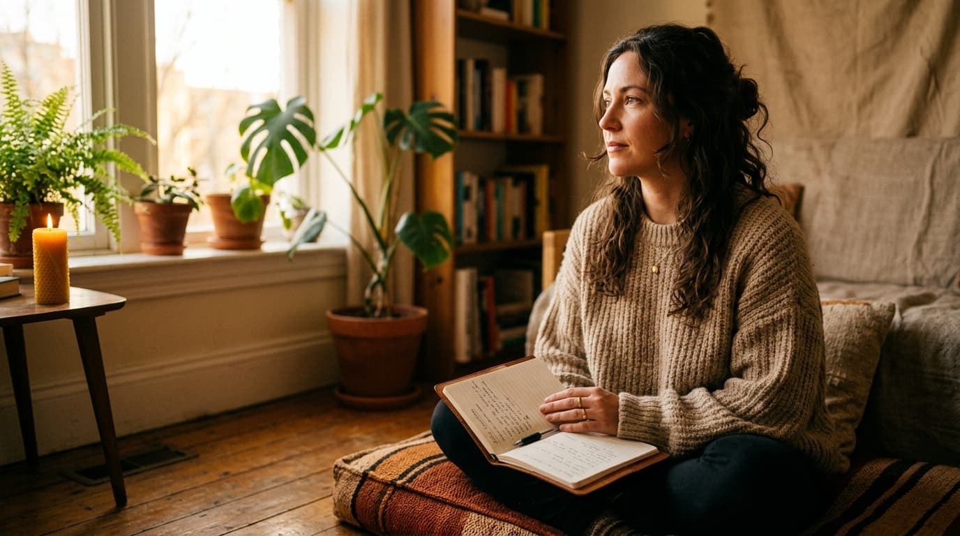 A woman in an oversized beige sweater sits on a floor cushion. She holds a medical consultation notepad, looking toward a...