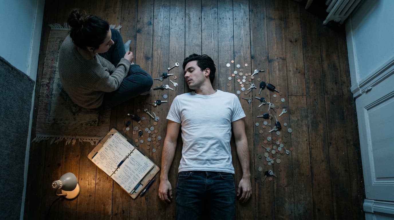 An overhead flat-lay shot shows a man in a white t-shirt lying on a wooden floor, surrounded by scattered keys, loose coin...