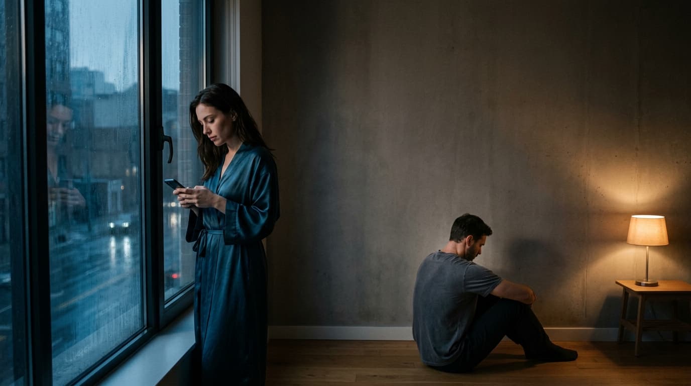 A woman in a silk robe stands by a dark window, staring at her phone. A man in a plain t-shirt sits on the floor nearby, f...