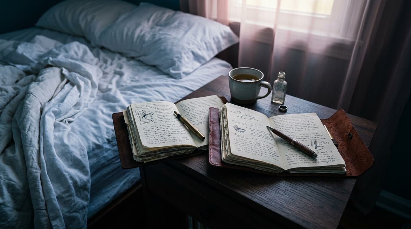 Low-angle 24mm shot centered on a nightstand holding two distinct, open leather-bound journals and two pens. Rumpled white...